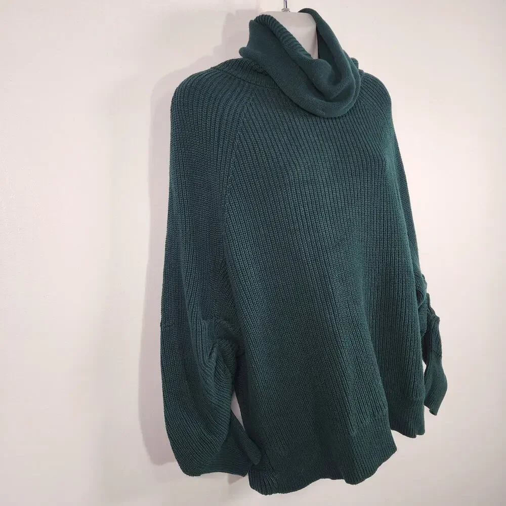 Cabi Women Pullover Sweater Small Green Knit Ruched Sleeve Cowl Neck Cotton 3532